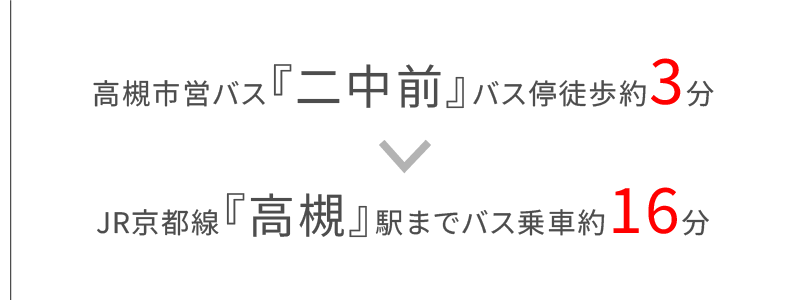 高槻市営バス「二中前」バス停徒歩約3分・JR京都線「高槻」駅までバス乗車約16分
